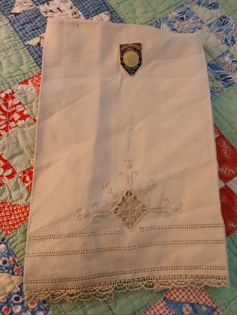 VINTAGE Pure LINEN HAND EMBROIDERED HAND TOWEL NOS